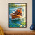 Orange-vested otter steering a wooden skiff through a pond, with water spray, distant ducks, reeds, and a lily pad.; frame shown for styling only