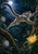 Long-tailed primate leaping between tree trunks beneath a moon, with dark forest foliage and a golden flower.
