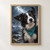 Close-up of a wet black-and-white collie-type dog wearing a teal bandana, with rain droplets suspended around its head.; frame shown for styling only