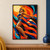 Adult woman dancer in a cobalt-and-orange outfit turning with one arm raised amid flowing fabric and colorful graphic arcs.; frame shown for styling only