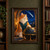 Orange-and-white longhaired cat in a teal waistcoat resting a paw on a brass celestial globe beside an arched window and bright comet.; frame shown for styling only