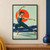Adult dancer in teal holding a deep side lunge, one arm overhead and one extended, with a vermilion circle and indigo bands behind.; frame shown for styling only