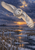 White, dark-speckled owl gliding with wings spread above snowy reeds and dark marsh water at dusk.