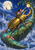 A reflective gold stag beetle carrying a seated explorer across a floating moss island beneath a large moon, with glowing fruit and distant birds.