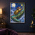 A reflective gold stag beetle carrying a seated explorer across a floating moss island beneath a large moon, with glowing fruit and distant birds.; frame shown for styling only