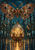 Patterned copper-brown moth hovering above a glass seedpod containing a glowing tree in an ornate greenhouse with a reflective tiled floor.