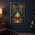 Patterned copper-brown moth hovering above a glass seedpod containing a glowing tree in an ornate greenhouse with a reflective tiled floor.; frame shown for styling only