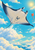 A manta ray gliding beneath a warm sun through turquoise sky and pale clouds, with a coral-red kite at its side.