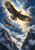 Two brown-and-gold eagle-like birds with extended wings fly through a bright break in blue storm clouds above snowy mountains and dark cliffs.