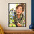 Expressive adult botanist leaning toward a small green frog on her magnifying glass, with a blue flower and foliage.; frame shown for styling only