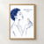 Minimalist indigo line-art portrait of a woman with closed eyes and a small bird perched on her raised hand, with the title Quiet Between Notes on a white background.; frame shown for styling only
