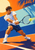 Male-presenting tennis player in a bent-leg stance swings a racket toward a yellow ball on a geometric sunlit court, with a cream sun and palm shadow.