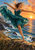 A woman in a flowing dark teal dress leaps above a rocky shoreline and the sea at sunset.
