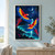 Two colorful macaws with spread wings fly above a turquoise lagoon among dark islands and palm fronds at night.; frame shown for styling only