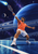 An adult tennis player in an orange shirt reaches with a racket toward a glowing ball on a court beneath a large blue planet and smaller moons.