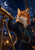 A red fox in a dark blue coat stands beside a brass telescope beneath a crescent moon in an observatory setting.