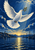 White dove carrying a leafy twig in flight above a harbor with boats, masts, waterfront buildings, and golden water reflections.