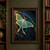 Pale-green long-tailed moth with spread wings and eye spots resting on dark wet slate beneath a turquoise arc.; frame shown for styling only