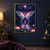 Large luminous patterned moth hovering above a reflective dark lagoon, framed by arching leaves and pink water lilies beneath a full moon.; frame shown for styling only