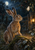 Tawny hare beside a moss-covered stone looking toward a glowing moth, with a moon above dark orchard foliage and a warm lantern at right.
