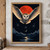 Barn owl gliding toward the viewer with spread wings against a vermilion disc, above a crescent moon, stars, clouds, mountains, forest and reflective lake.; frame shown for styling only