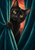 Black cat with wide amber eyes peeking through parted deep teal curtains, one paw gripping the fabric, with coral light behind it.