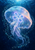 Translucent turquoise and violet moon jellyfish with trailing arms floating in dark blue water among tiny lights.