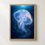 Translucent turquoise and violet moon jellyfish with trailing arms floating in dark blue water among tiny lights.; frame shown for styling only