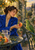 Woman in a cobalt coat offering a peach to a green parrot perched beside a garden table laden with fruit and a glass pitcher.