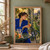 Woman in a cobalt coat offering a peach to a green parrot perched beside a garden table laden with fruit and a glass pitcher.; frame shown for styling only