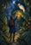 Blue-coated explorer with a glowing lantern faces a white heron perched on a broad leaf in a moonlit tropical garden.
