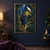 Blue-coated explorer with a glowing lantern faces a white heron perched on a broad leaf in a moonlit tropical garden.; frame shown for styling only