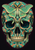 Frontal human skull covered in turquoise, green, coral and gold geometric patterns, with a pale green moth-like insect across its brow.