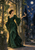 A woman in a dark emerald dress stands in a glasshouse doorway, extending a hand toward birds flying into a garden beneath a full moon and stars.