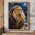 Golden-maned lion gazing upward as snow falls, with snowy evergreens and a bright moon behind it.; frame shown for styling only