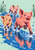 Three colorful piglets splash through a broad blue puddle against a pale mint background, with white spray and reed-like plants.