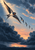 Five swallow-like birds fly through indigo storm clouds toward a glowing apricot-pink sunset opening, with rain streaks along the clouds.