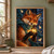 Russet fox with a teal scarf holding a glowing ornate lantern, surrounded by pale moths before a rainy night window.; frame shown for styling only