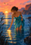 Adult woman in a turquoise wrap bends to set a glowing paper boat on shallow water beneath a coral-pink sky.