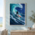 A surfer on a coral-colored board rides a curling turquoise wave beneath a small moon in a dark twilight sky.; frame shown for styling only