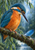 Close-up kingfisher with blue-green wings and orange breast perched on a wet branch near droplets, with willow leaves and a blue feather-like shape.