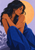 A seated woman with long dark hair embraces herself in blue clothing against a pale lilac background with a large apricot disc.