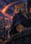 Spotted leopard in a dark mantle watching a bright meteor arc above a rain-swept city at dusk.