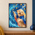 Cheerful cream-colored curly dog in a blue cape raising one paw among swirling rain and glowing umbrella-like forms.; frame shown for styling only
