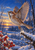 Brown-and-gray sparrow rising above a snowy branch as snow crystals scatter, with red berries in the foreground and a blue-gold horizon.