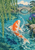 Orange-and-white koi splashing above a smaller indigo fish in a pond framed by willow, purple irises, rocks, and an arched stone bridge.