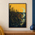 A spotted big cat peers from tall cattails beside reflective water beneath a pale crescent in a marigold sky.; frame shown for styling only