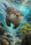 Brown river otter swimming toward the viewer through turquoise water, surrounded by bubbles, rocks and green leaves.