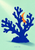 Ultramarine branching coral silhouette on pale mint, with an orange crescent, cast shadow, and small “NIGHT REEF” text.