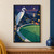 White heron standing beside a rooftop putting green with a golf ball, cup, coral flag, city skyline, and round moon.; frame shown for styling only
